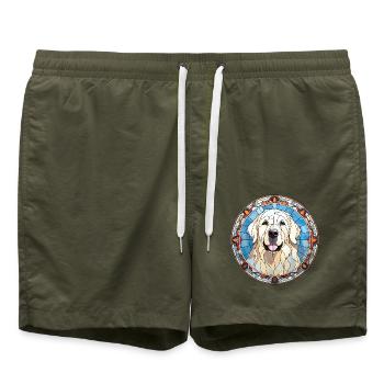 Große Pyrenäen Hunderasse Aquarellglas - Badeshorts - Olive - Vorne - AI Model Male 185 light (185cm)