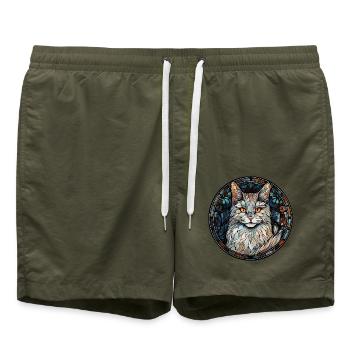 Türkische Angorakatzenrasse Aquarellglasmalerei - Badeshorts - Olive - Vorne - AI Model Male 185 light (185cm)
