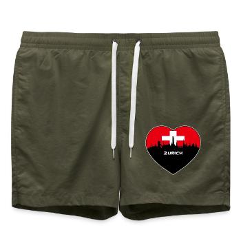 Zürich-Schweiz-Flaggen-Skyline-Reise-Souvenir - Badeshorts - Olive - Vorne - AI Model Male 185 light (185cm)