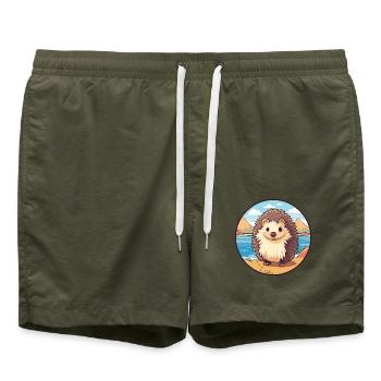 Igel Aquarell Karikatur Kawaii Clipart Tier - Badeshorts - Olive - Vorne - AI Model Male 185 light (185cm)