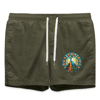 Pfau Buntes Aquarell Tier Illustration - Badeshorts - Olive - Vorne - AI Model Male 185 light (185cm)