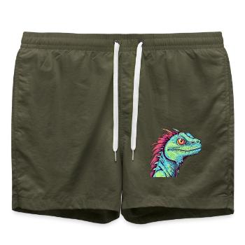 Basilisk Buntes Aquarell Cartoon Kawaii Tier - Badeshorts - Olive - Vorne - AI Model Male 185 light (185cm)