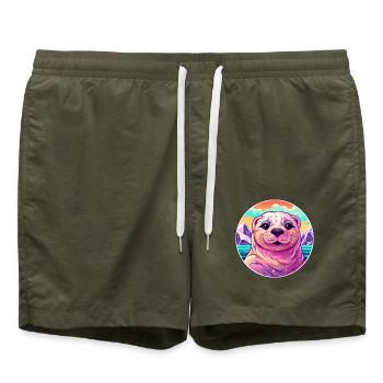 Siegel Aquarell Karikatur Kawaii Haustier Tier Bunt - Badeshorts - Olive - Vorne - AI Model Male 185 light (185cm)
