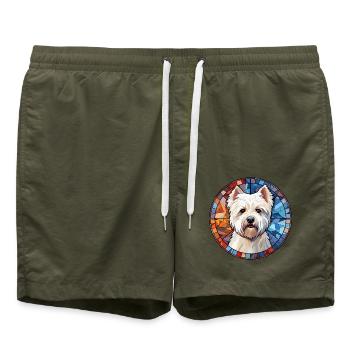West Highland White Terrier Hunderasse Aquarell G - Badeshorts - Olive - Vorne - AI Model Male 185 light (185cm)