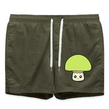Comic Pilz Kawaii Geschenk Mushroom Hunter  - Badeshorts - Olive - Vorne - AI Model Male 185 light (185cm)