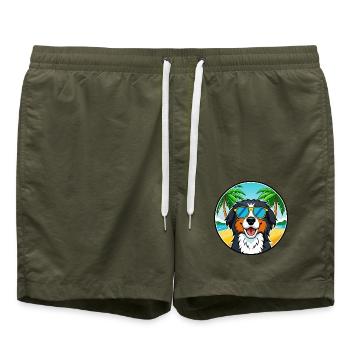 Bernese Mountain Dog Breed Cartoon Sunglass Beach - Swim Trunks - olive - Front - AI Model Male 185 light (185cm)