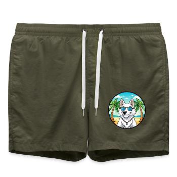 White Shepherd Dog Breed Cartoon Sunglasses Beach - Swim Trunks - olive - Front - AI Model Male 185 light (185cm)