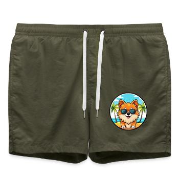 Pommerscher Deutscher Spitz Hunderasse Cartoon Beach - Badeshorts - Olive - Vorne - AI Model Male 185 light (185cm)