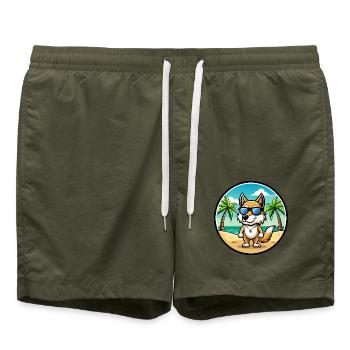 Italienisch Volpino Hund Rasse Cartoon Sonnenbrille Strand - Badeshorts - Olive - Vorne - AI Model Male 185 light (185cm)