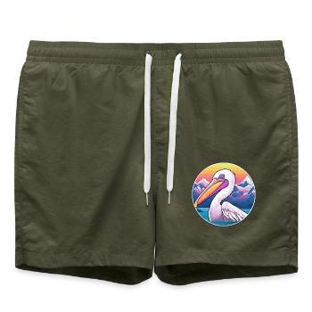 Pelikan Aquarell Karikatur Kawaii Haustier Tier Farbe - Badeshorts - Olive - Vorne - AI Model Male 185 light (185cm)