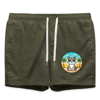 American Wirehair Cat Breed Cartoon Sunglass Beach - Swim Trunks - olive - Front - AI Model Male 185 light (185cm)