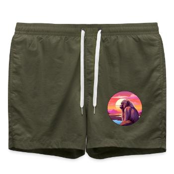 Pavian buntes Aquarell Cartoon Kawaii Tier - Badeshorts - Olive - Vorne - AI Model Male 185 light (185cm)