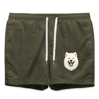 Samojede Hunderasse Aquarell Karikatur Kawaii Clipar - Badeshorts - Olive - Vorne - AI Model Male 185 light (185cm)