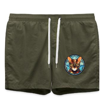 Havanna-braune Katze bunte Aquarell-Illustration - Badeshorts - Olive - Vorne - AI Model Male 185 light (185cm)
