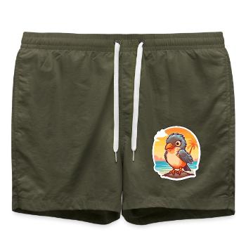 Kuckuck, lustige Cartoon-Kawaii-Strand-Illustration - Badeshorts - Olive - Vorne - AI Model Male 185 light (185cm)