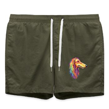 Barsoi Hunderasse Cartoon Kawaii Illustration - Badeshorts - Olive - Vorne - AI Model Male 185 light (185cm)