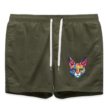 Pixie Bob Katze Bunte Aquarell Haustier Illustration - Badeshorts - Olive - Vorne - AI Model Male 185 light (185cm)