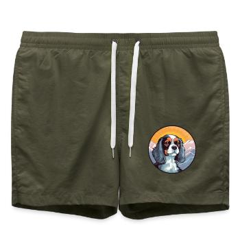 Cavalier Hunderasse Cartoon Kawaii Aquarell - Badeshorts - Olive - Vorne - AI Model Male 185 light (185cm)
