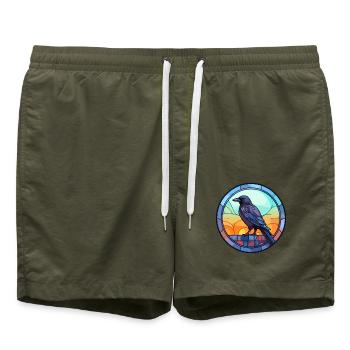 Krähe Buntglas Bunte Karikatur Kawaii Tier - Badeshorts - Olive - Vorne - AI Model Male 185 light (185cm)
