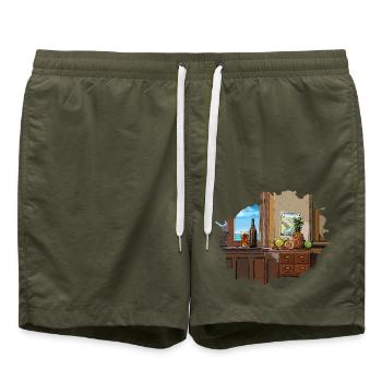 Tropical Break – Bier, Obst und Meeresblick - Badeshorts - Olive - Vorne - AI Model Male 185 light (185cm)
