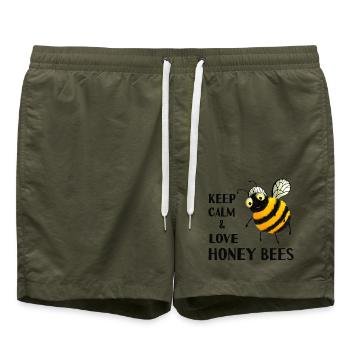 Keep calm and love Honey Bees - Bienen Motiv - Badeshorts - Olive - Vorne - AI Model Male 185 light (185cm)