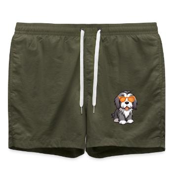 Bärtiger Collie Hund Rasse Aquarell Karikatur Kawaii - Badeshorts - Olive - Vorne - AI Model Male 185 light (185cm)