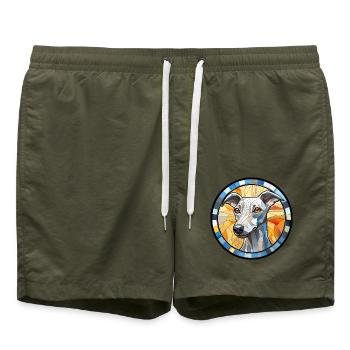 Whippet Hunderasse Aquarellglas - Badeshorts - Olive - Vorne - AI Model Male 185 light (185cm)