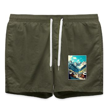 Soelden Austria Vintage Reiseposter WPA Souvenir - Badeshorts - Olive - Vorne - AI Model Male 185 light (185cm)