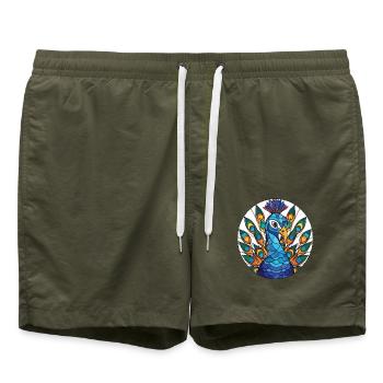 Pfau Buntes Aquarell Tier Illustration - Badeshorts - Olive - Vorne - AI Model Male 185 light (185cm)