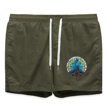 Pfau Buntes Aquarell Tier Illustration - Badeshorts - Olive - Vorne - AI Model Male 185 light (185cm)