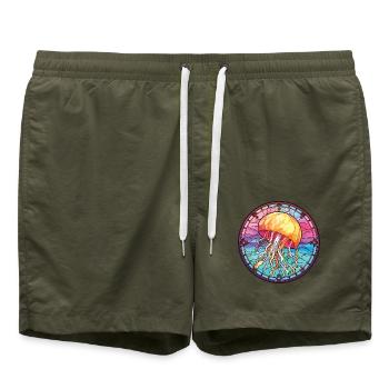 Quallenbunte Aquarell-Tierillustration - Badeshorts - Olive - Vorne - AI Model Male 185 light (185cm)