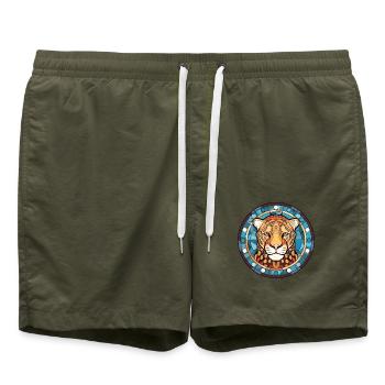 Jaguar Buntes Aquarell Tier Haustier Illustration - Badeshorts - Olive - Vorne - AI Model Male 185 light (185cm)