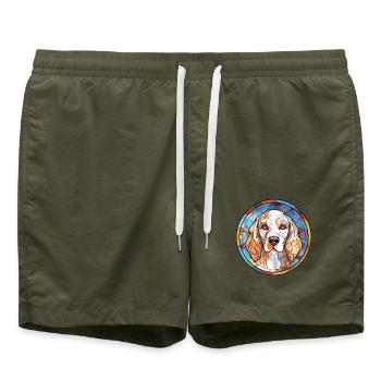 English Setter Hund Rasse Aquarell Illustration - Badeshorts - Olive - Vorne - AI Model Male 185 light (185cm)