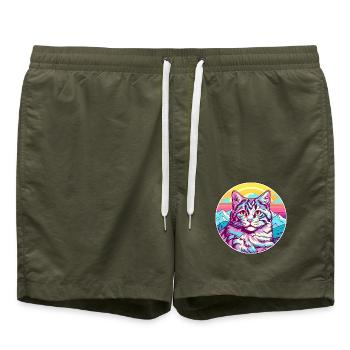 Katze Aquarell Karikatur Kawaii Haustier Tier Bunt - Badeshorts - Olive - Vorne - AI Model Male 185 light (185cm)
