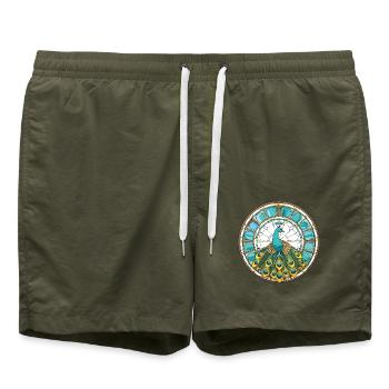 Pfauenbunte Aquarell-Tierillustration - Badeshorts - Olive - Vorne - AI Model Male 185 light (185cm)