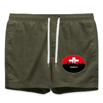 Zürich-Schweiz-Flaggen-Skyline-Schattenbild-Reise - Badeshorts - Olive - Vorne - AI Model Male 185 light (185cm)