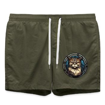 Scottish Fold Katzenrasse Aquarellglas - Badeshorts - Olive - Vorne - AI Model Male 185 light (185cm)