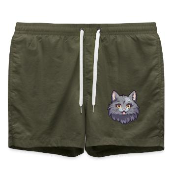 Nebelung Katze Karikatur Aquarell Illustration - Badeshorts - Olive - Vorne - AI Model Male 185 light (185cm)