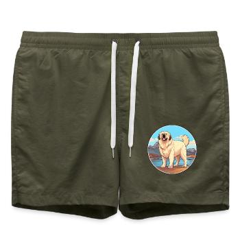 Pyrenäen-Mastiff Hunderasse Cartoon Kawaii Clipart - Badeshorts - Olive - Vorne - AI Model Male 185 light (185cm)