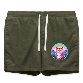 Tiger Katze Bunte Karikatur Aquarell Illustration - Badeshorts - Olive - Vorne - AI Model Male 185 light (185cm)