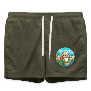 Igel Aquarell Karikatur Kawaii Clipart Tier - Badeshorts - Olive - Vorne - AI Model Male 185 light (185cm)