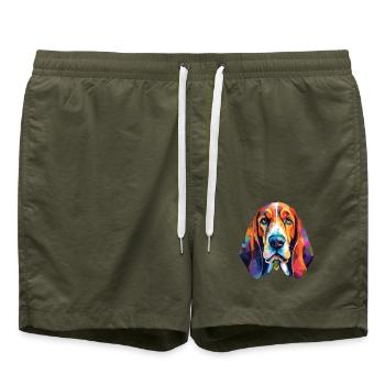 Basset Hund Hunderasse Aquarell Illustration - Badeshorts - Olive - Vorne - AI Model Male 185 light (185cm)