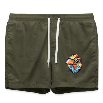 Meisenvogel Buntes Aquarell Tier Illustration - Badeshorts - Olive - Vorne - AI Model Male 185 light (185cm)