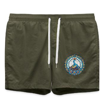 Pfau Buntes Aquarell Tier Illustration - Badeshorts - Olive - Vorne - AI Model Male 185 light (185cm)
