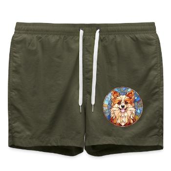 Zwergspitz Hunderasse Aquarellglas - Badeshorts - Olive - Vorne - AI Model Male 185 light (185cm)