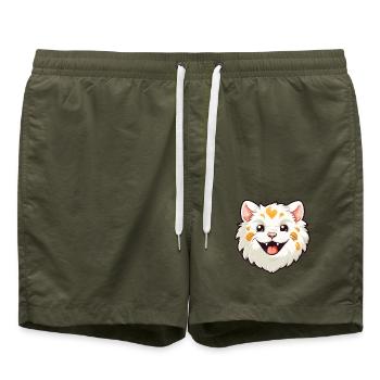 Laperm Katze Karikatur Aquarell Illustration - Badeshorts - Olive - Vorne - AI Model Male 185 light (185cm)