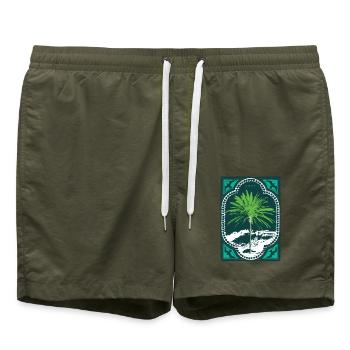 AWAY Palme Urlaub Vögel Meer Wellen surfen vintage - Badeshorts - Olive - Vorne - AI Model Male 185 light (185cm)