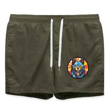 Schipperke Hunderasse Aquarell Glas Illustration - Badeshorts - Olive - Vorne - AI Model Male 185 light (185cm)