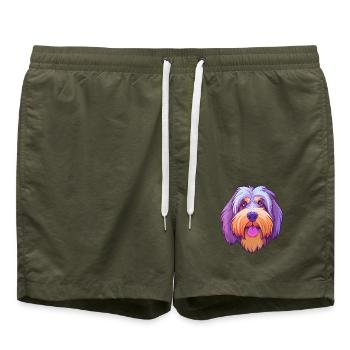 Briard Hund Rasse Cartoon Kawaii Illustration - Badeshorts - Olive - Vorne - AI Model Male 185 light (185cm)