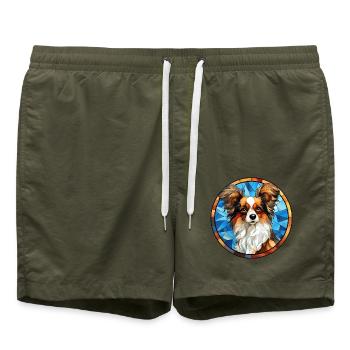 Papillon Hunderasse Aquarellglas - Badeshorts - Olive - Vorne - AI Model Male 185 light (185cm)